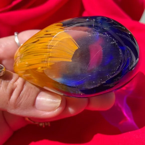 Vintage Murano cobalt blue, yellow and clear art glass snail